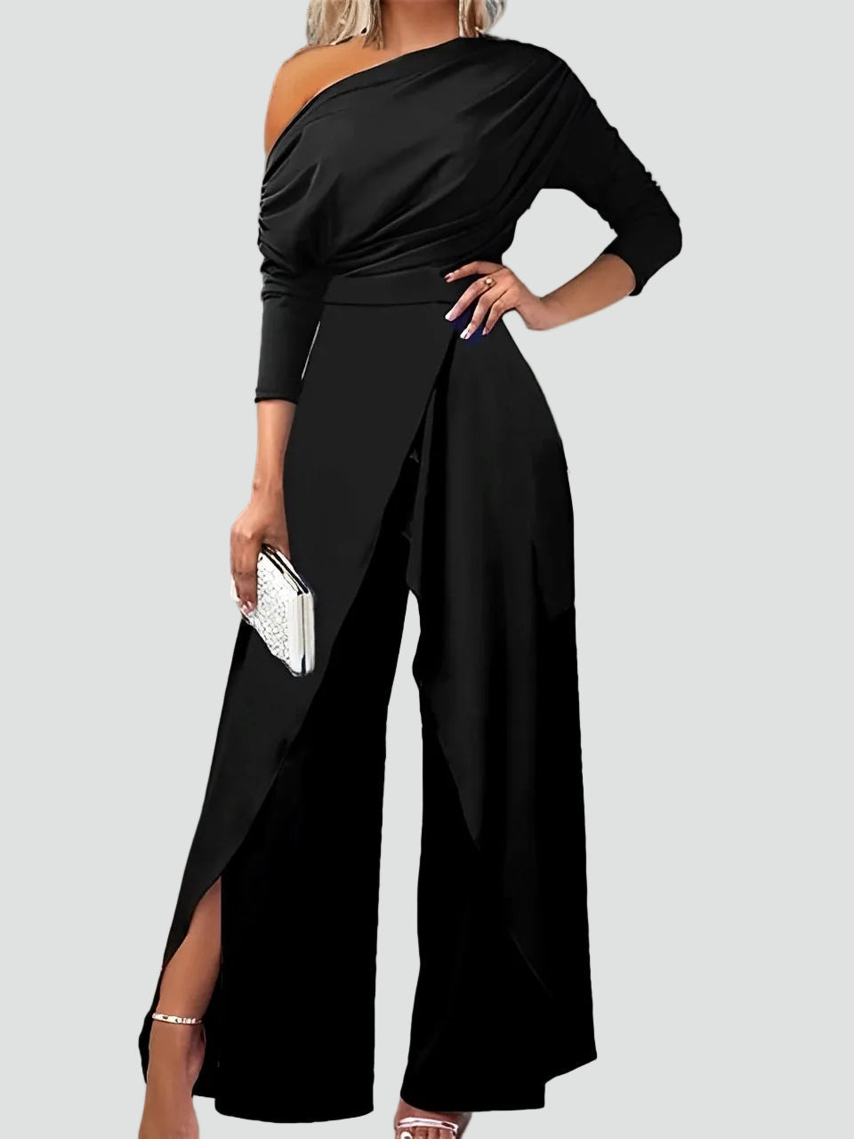 Elektra women's wedding dress featuring an asymmetrical strap and wide legs, perfect for elegant occasions. 2