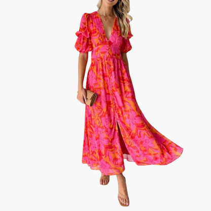 Elysia Women’s Maxi Dress featuring a stylish V-neckline and elegant puff sleeves, perfect for weddings and evening events. 0