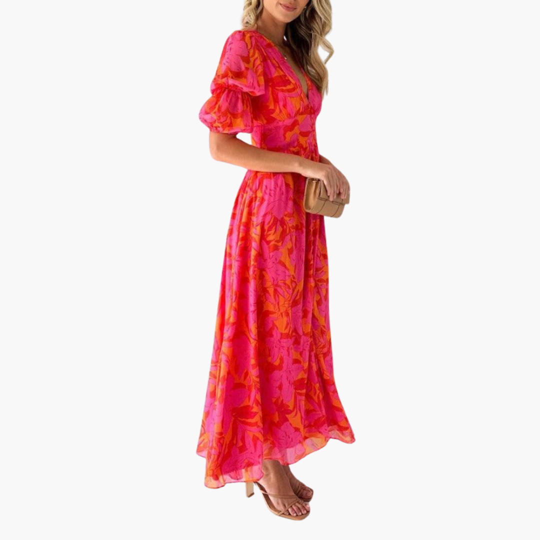 Elysia Women’s Maxi Dress featuring a stylish V-neckline and elegant puff sleeves, perfect for weddings and evening events. 1