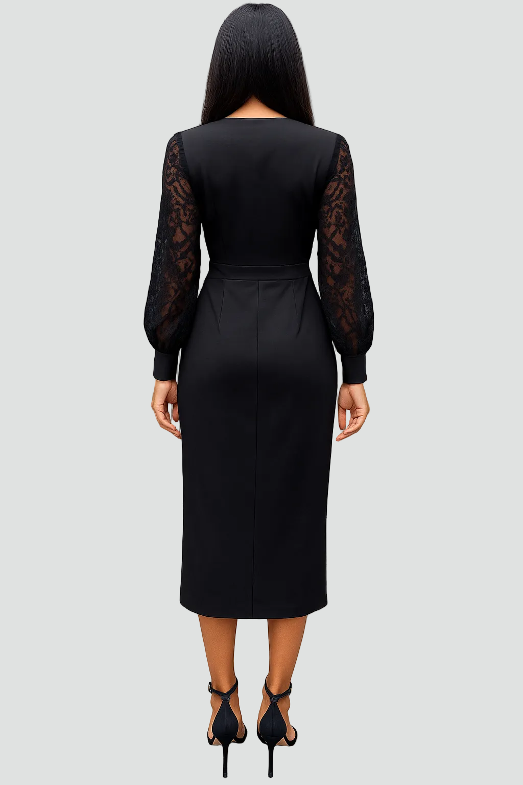 Ewa midi dress with lace sleeves and V-neck design, perfect for elegant occasions. 2