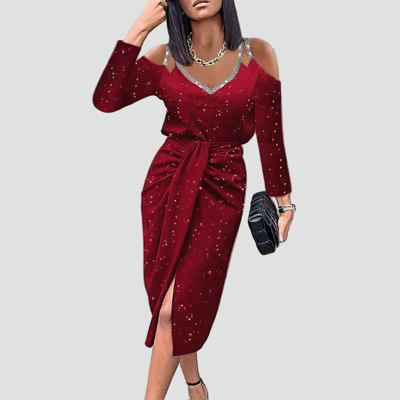 Ewa midi dress with lace sleeves and V-neck design, perfect for elegant occasions. 3