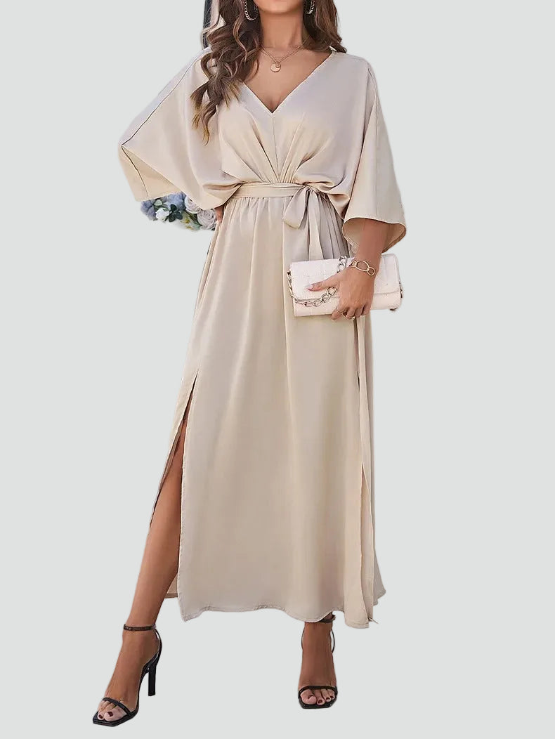 Ewa Women's Maxi Dress featuring a stylish V-neck, flattering waist tie, and elegant side slit, perfect for summer outings and special occasions. 1