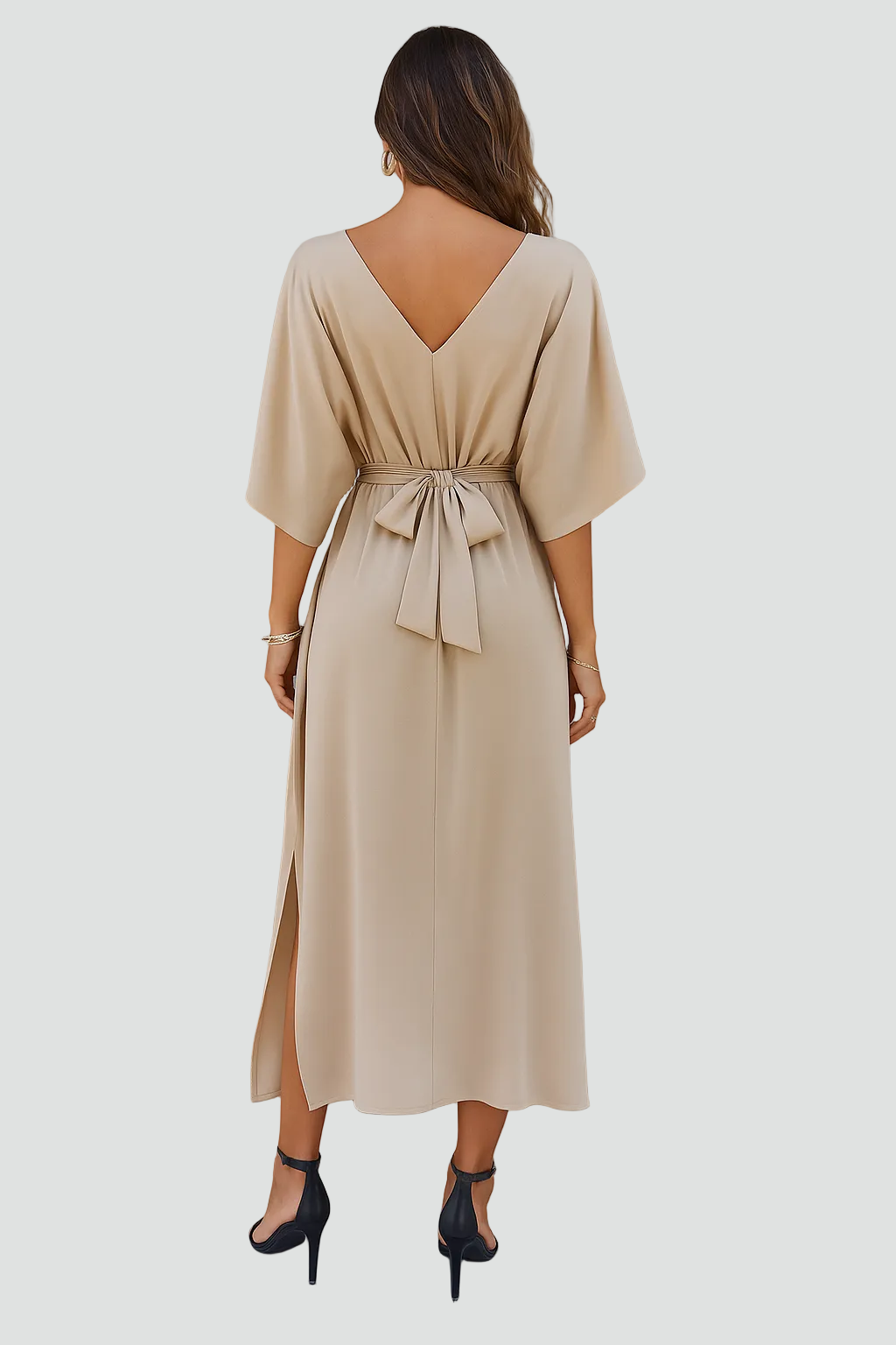 Ewa Women's Maxi Dress featuring a stylish V-neck, flattering waist tie, and elegant side slit, perfect for summer outings and special occasions. 2