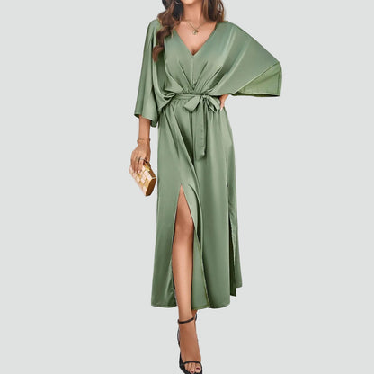 Ewa Women's Maxi Dress featuring a stylish V-neck, flattering waist tie, and elegant side slit, perfect for summer outings and special occasions. 3