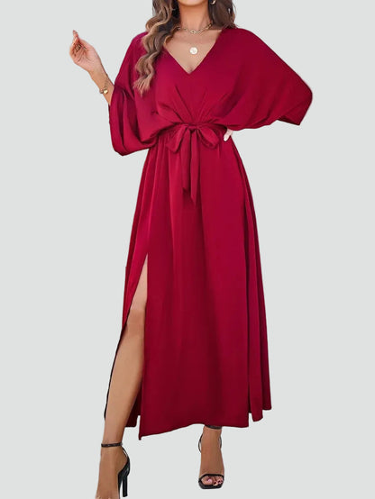 Ewa Women's Maxi Dress featuring a stylish V-neck, flattering waist tie, and elegant side slit, perfect for summer outings and special occasions. 4