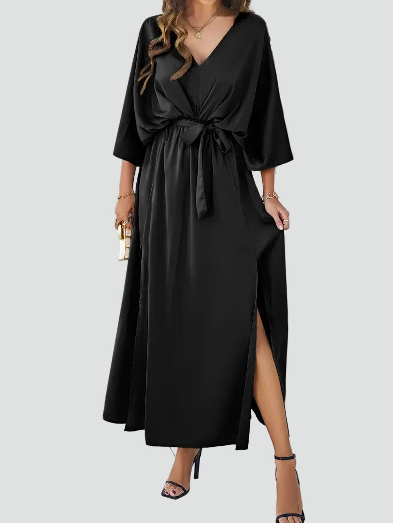 Ewa Women's Maxi Dress featuring a stylish V-neck, flattering waist tie, and elegant side slit, perfect for summer outings and special occasions. 5
