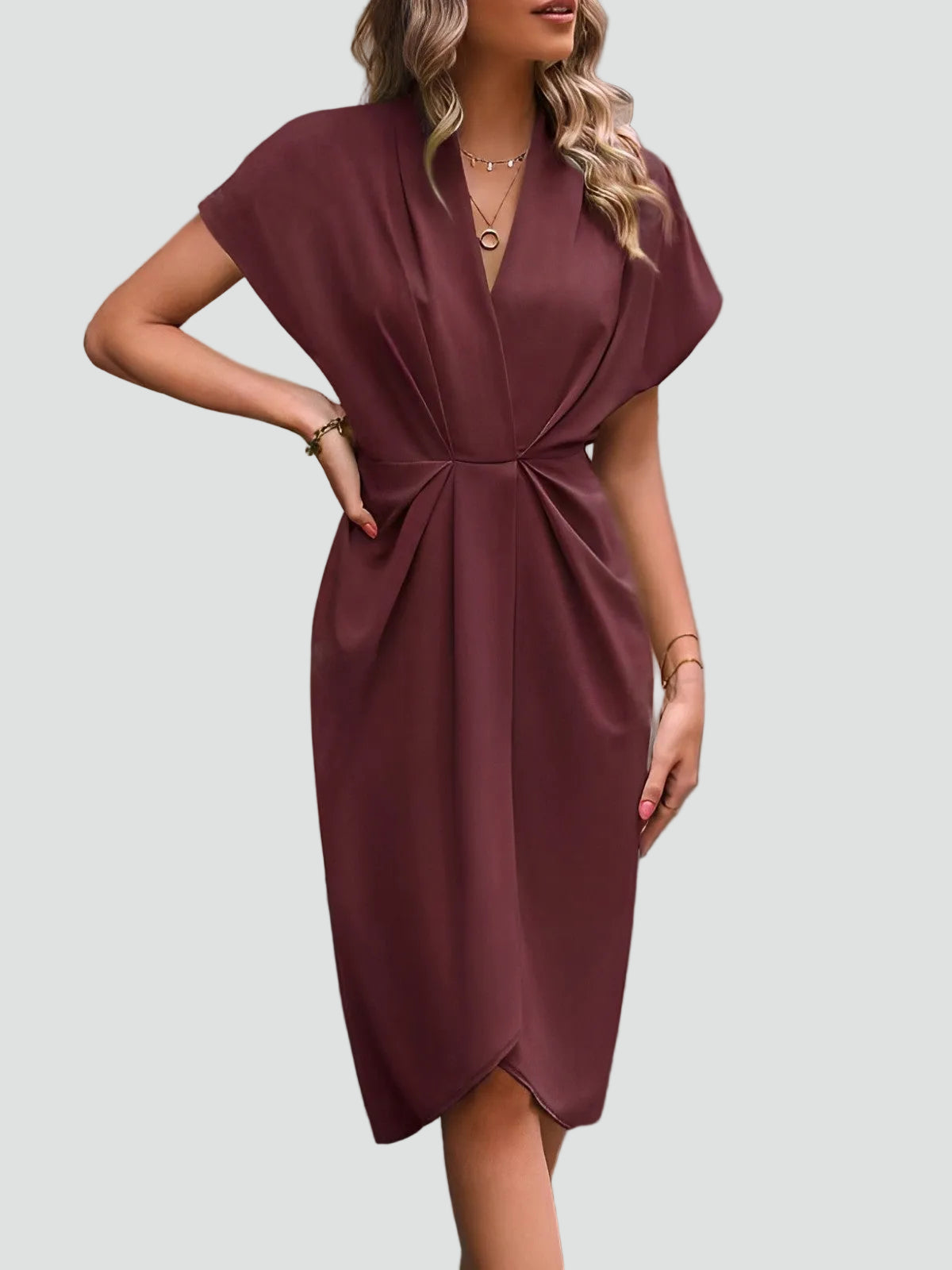 Ewa Women’s Midi Dress featuring a stylish wrap design and elegant pleats, perfect for any occasion. 10