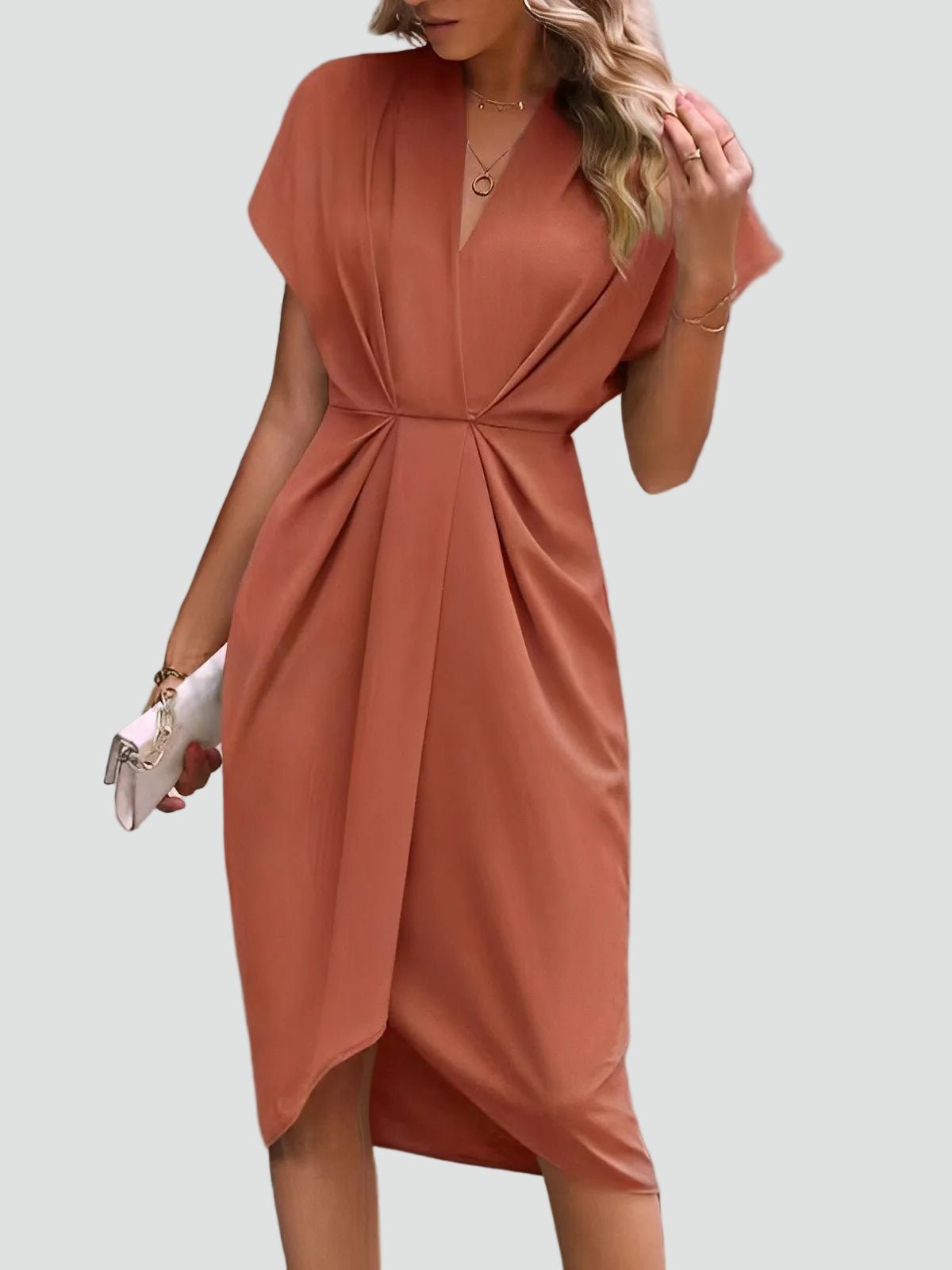 Ewa Women’s Midi Dress featuring a stylish wrap design and elegant pleats, perfect for any occasion. 4