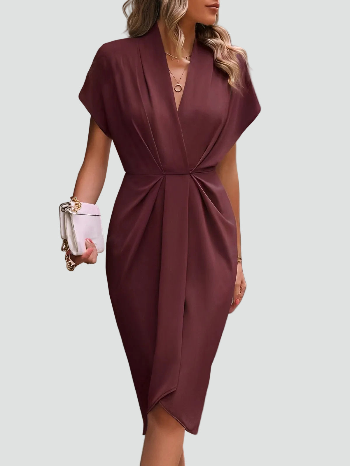 Ewa Women’s Midi Dress featuring a stylish wrap design and elegant pleats, perfect for any occasion. 6