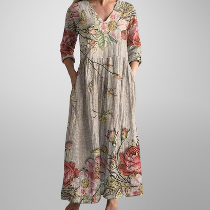 Flora damska sukienka maxi z kwiatowym dekoltem w kształcie V, długie rękawy, elegan 0