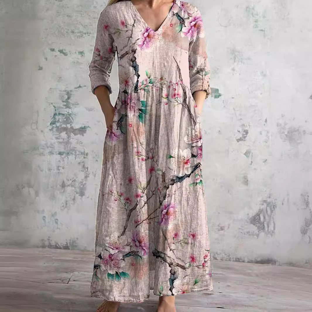 Flora damska sukienka maxi z kwiatowym dekoltem w kształcie V, długie rękawy, elegan 1