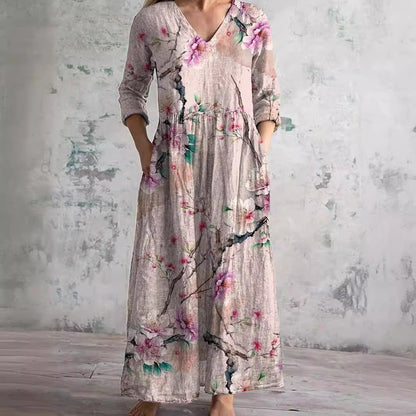 Flora damska sukienka maxi z kwiatowym dekoltem w kształcie V, długie rękawy, elegan 1