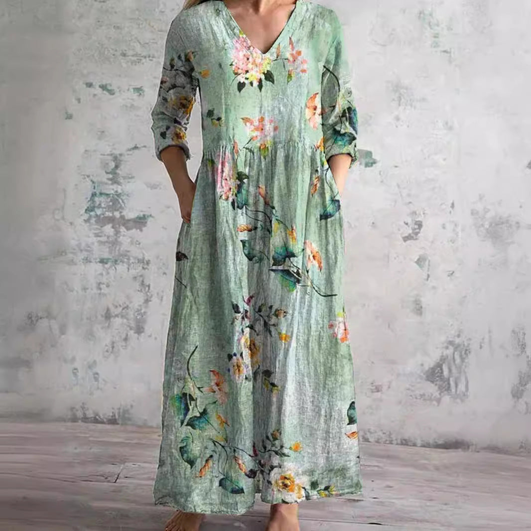 Flora damska sukienka maxi z kwiatowym dekoltem w kształcie V, długie rękawy, elegan 2