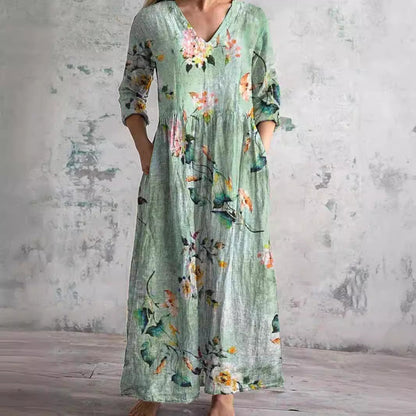 Flora damska sukienka maxi z kwiatowym dekoltem w kształcie V, długie rękawy, elegan 2