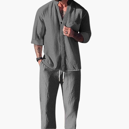 Lato Men's Set featuring a stylish long sleeve shirt paired with comfortable drawstring pants, perfect for casual wear or lounging. 0