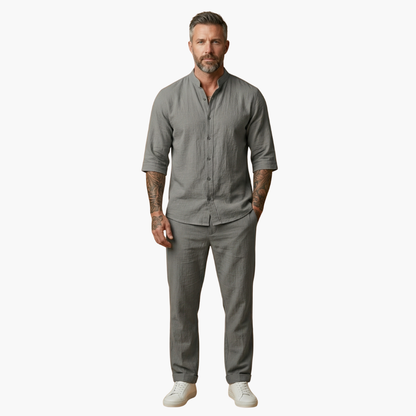 Lato Men's Set featuring a stylish long sleeve shirt paired with comfortable drawstring pants, perfect for casual wear or lounging. 1