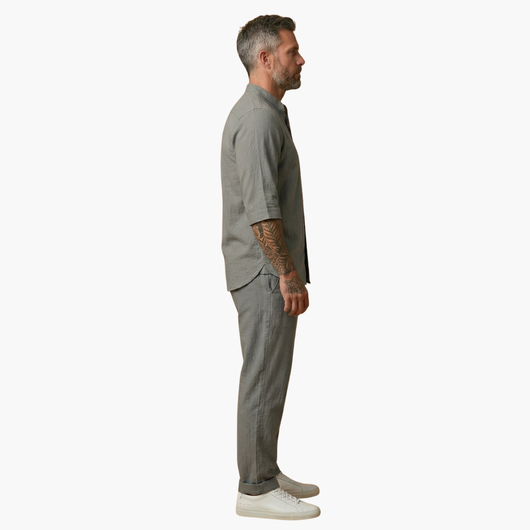 Lato Men's Set featuring a stylish long sleeve shirt paired with comfortable drawstring pants, perfect for casual wear or lounging. 3