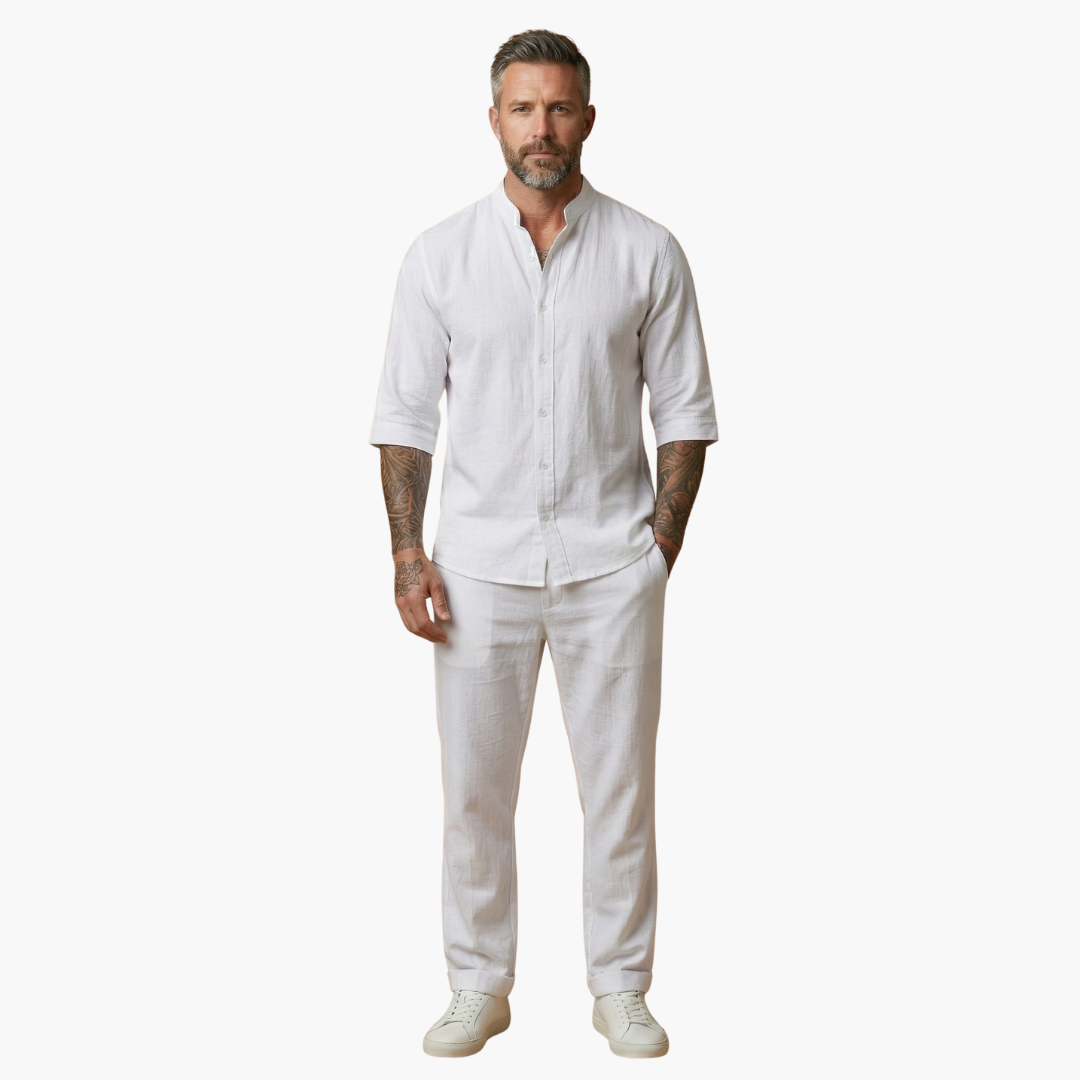 Lato Men's Set featuring a stylish long sleeve shirt paired with comfortable drawstring pants, perfect for casual wear or lounging. 7