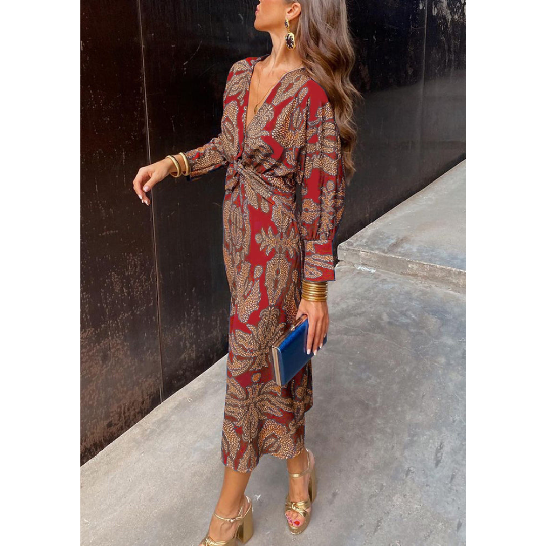 Elegancka sukienka midi w stylu boho z dekoltem V i wiązaniem w talii