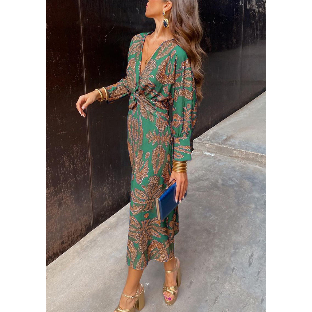 Elegancka sukienka midi w stylu boho z dekoltem V i wiązaniem w talii