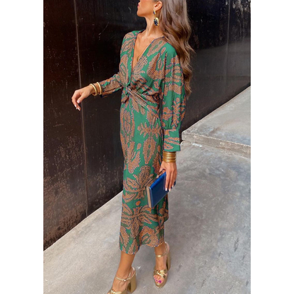 Elegancka sukienka midi w stylu boho z dekoltem V i wiązaniem w talii