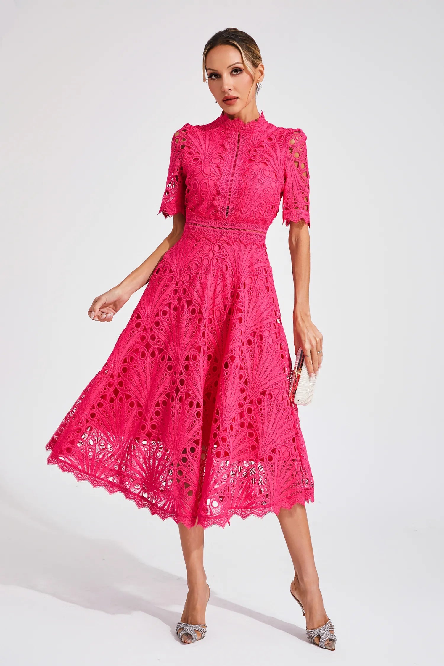 Luxe women’s midi dress featuring elegant lace details and a versatile silhouette, perfect for any occasion. 0