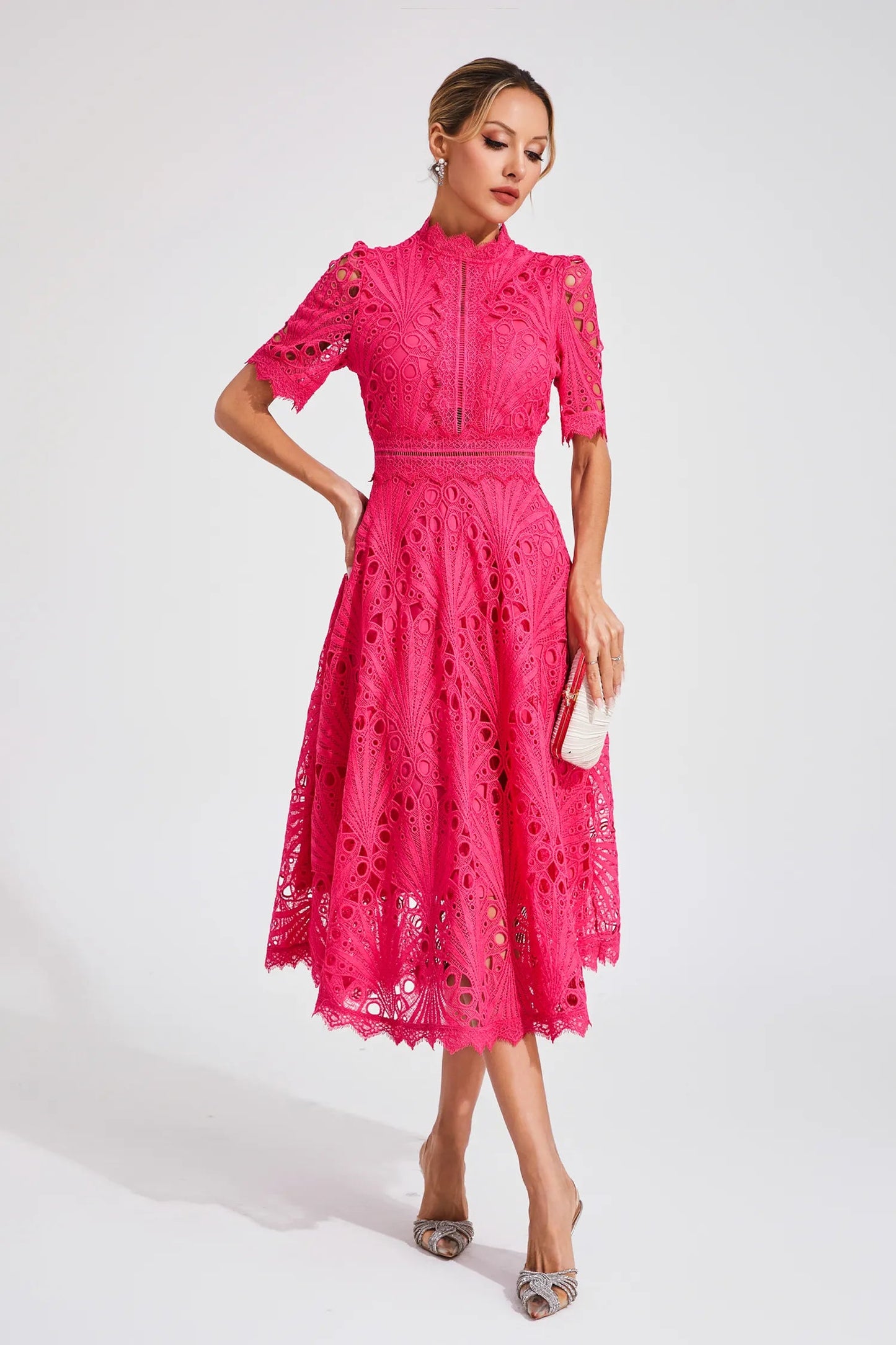 Luxe women’s midi dress featuring elegant lace details and a versatile silhouette, perfect for any occasion. 3