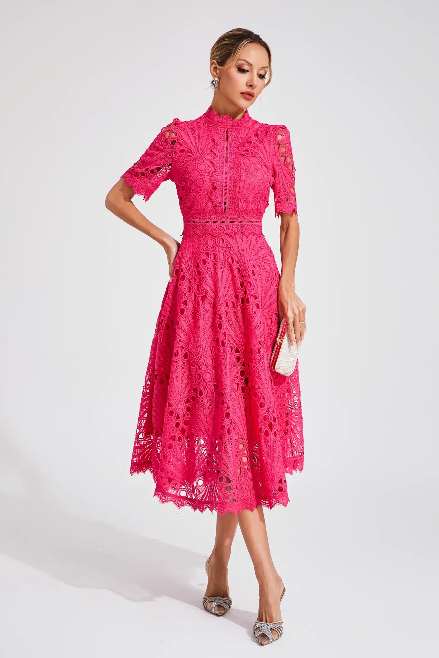 Luxe women’s midi dress featuring elegant lace details and a versatile silhouette, perfect for any occasion. 3