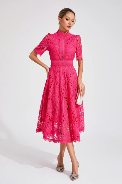 Luxe women’s midi dress featuring elegant lace details and a versatile silhouette, perfect for any occasion. 3