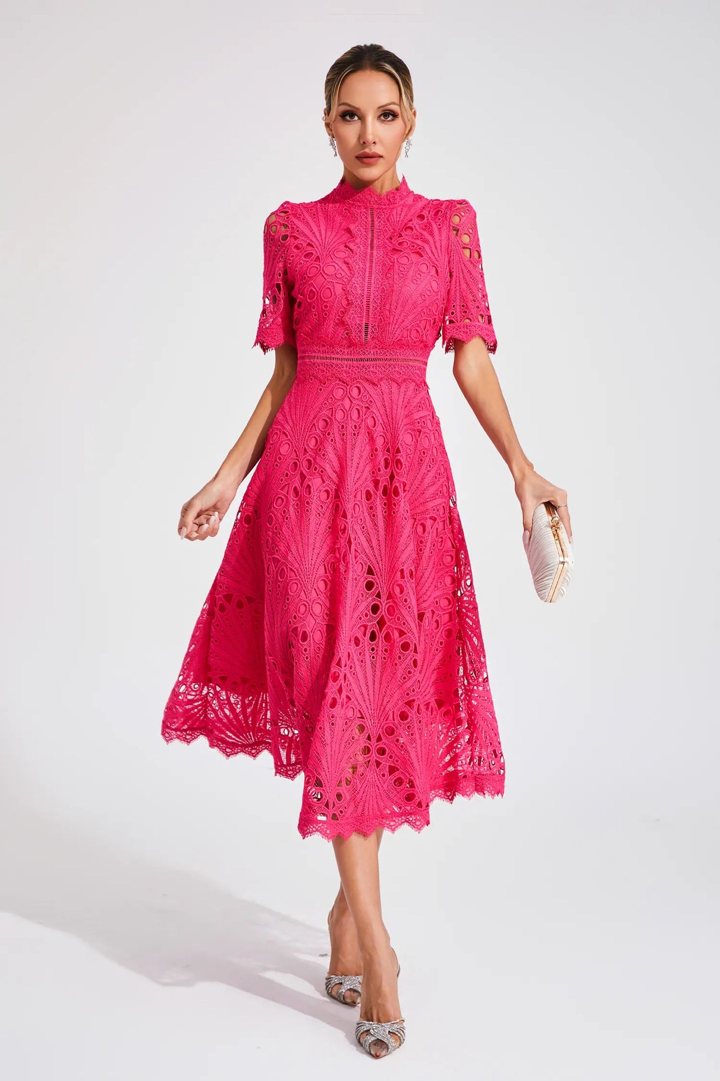 Luxe women’s midi dress featuring elegant lace details and a versatile silhouette, perfect for any occasion. 5