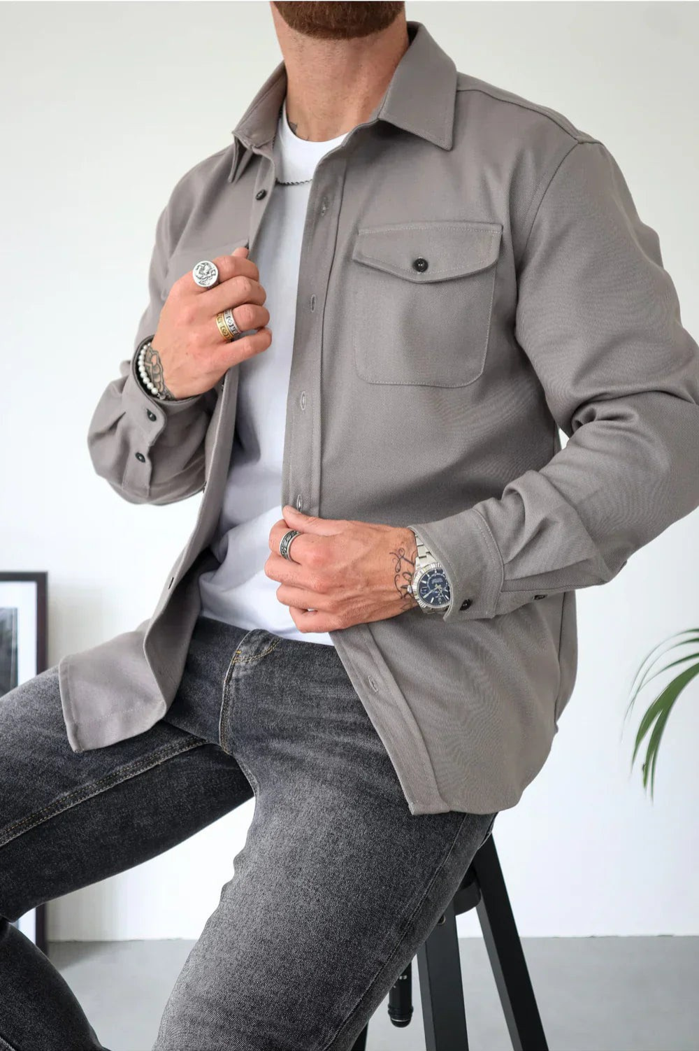 Marek Men's Button-Up Shirt with Pockets in Jacket Style and Long Sleeves, perfect for casual or semi-formal occasions. 0