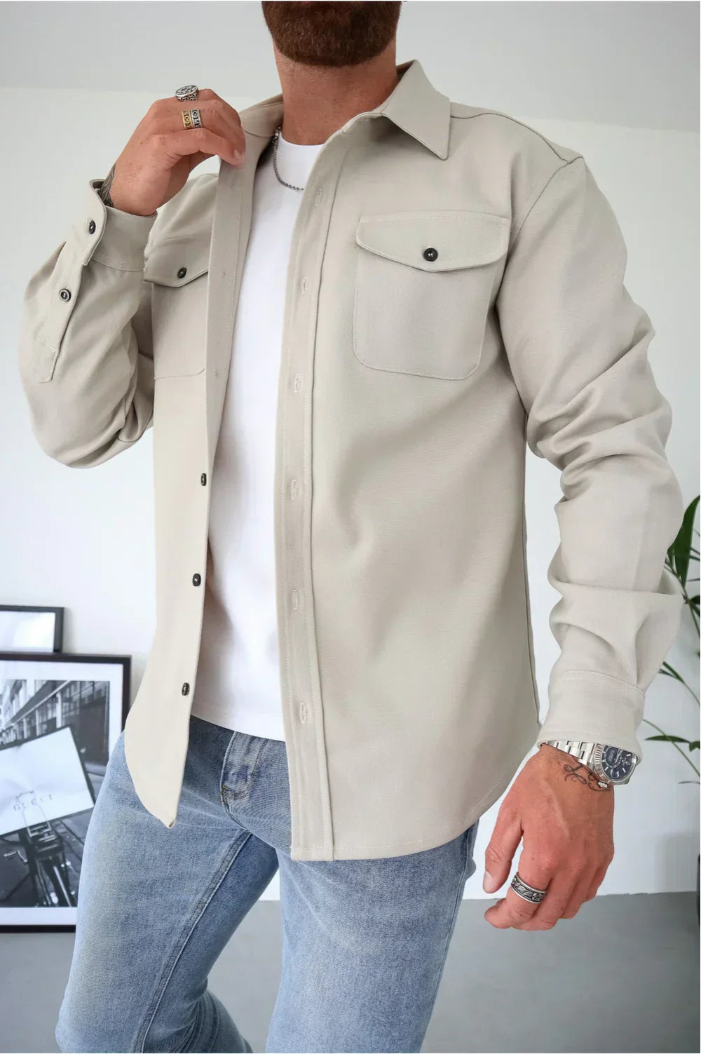 Marek Men's Button-Up Shirt with Pockets in Jacket Style and Long Sleeves, perfect for casual or semi-formal occasions. 7
