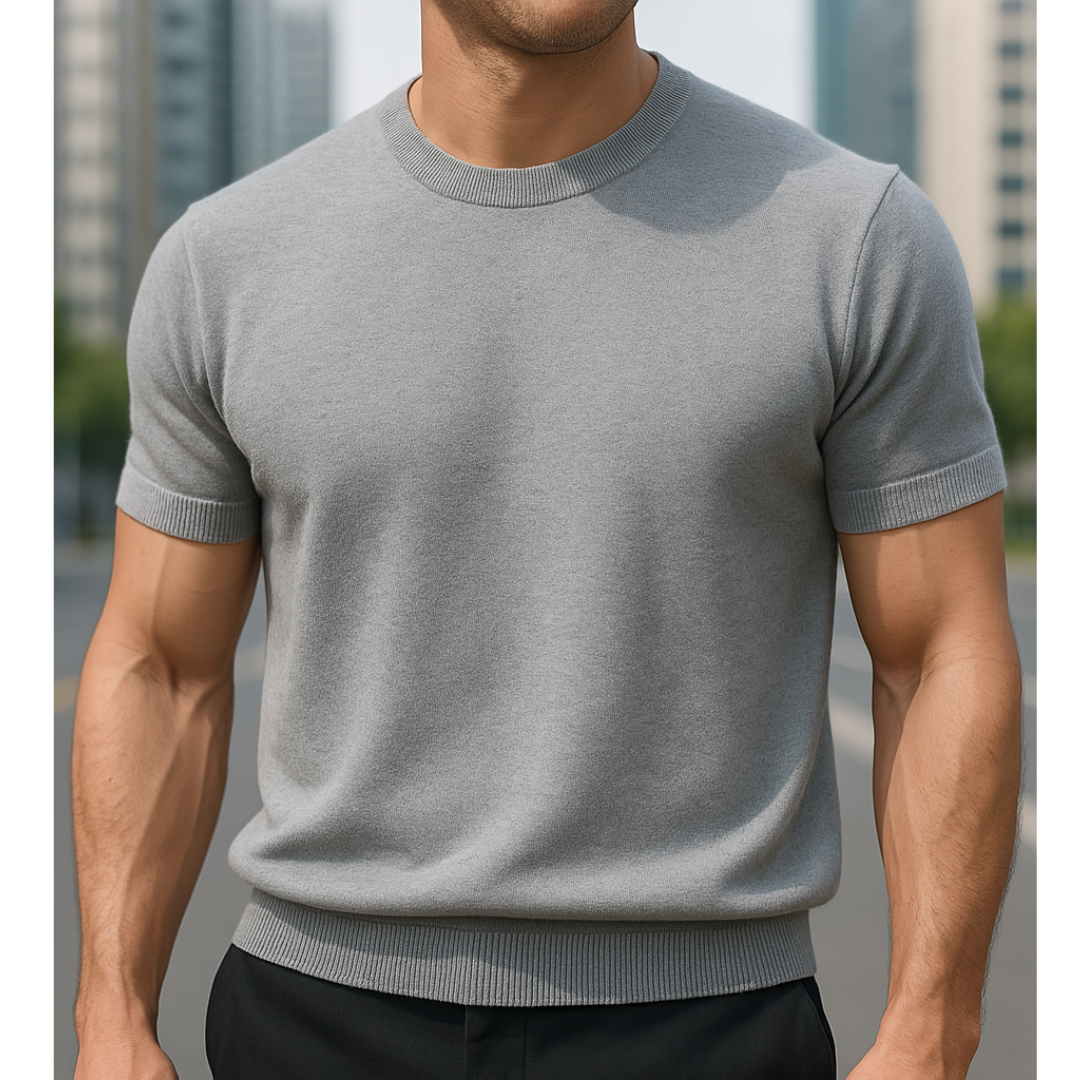 Męski t-shirt dzianinowy z krótkim rękawem o dopasowanym kroju i okrągłym dekolcie