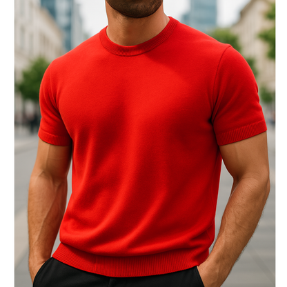 Męski t-shirt dzianinowy z krótkim rękawem o dopasowanym kroju i okrągłym dekolcie