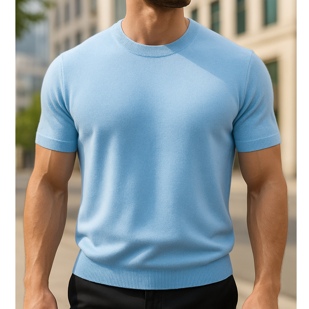 Męski t-shirt dzianinowy z krótkim rękawem o dopasowanym kroju i okrągłym dekolcie