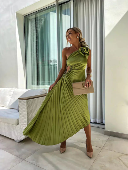 Mira Women’s Maxi Dress featuring an asymmetrical shoulder design and elegant pleated fabric, perfect for summer events and casual outings. 1