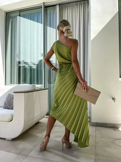 Mira Women’s Maxi Dress featuring an asymmetrical shoulder design and elegant pleated fabric, perfect for summer events and casual outings. 3