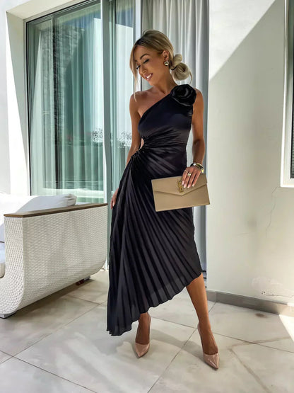 Mira Women’s Maxi Dress featuring an asymmetrical shoulder design and elegant pleated fabric, perfect for summer events and casual outings. 4