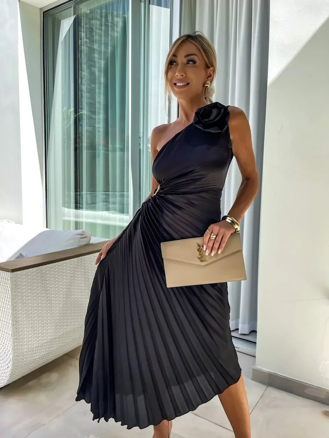 Mira Women’s Maxi Dress featuring an asymmetrical shoulder design and elegant pleated fabric, perfect for summer events and casual outings. 5