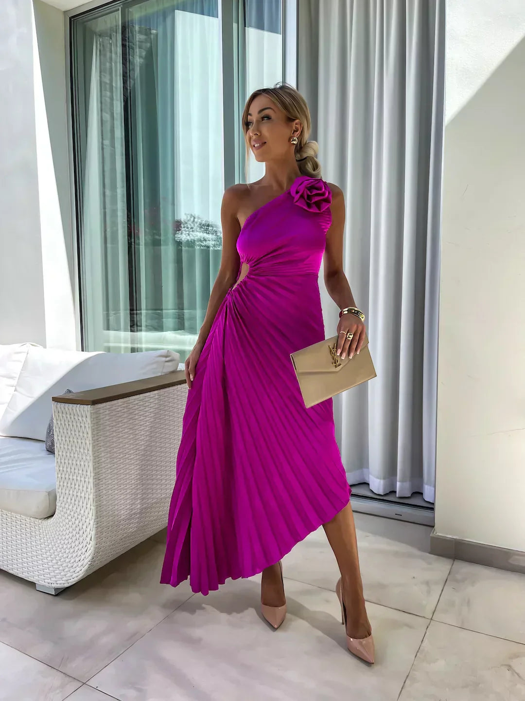 Mira Women’s Maxi Dress featuring an asymmetrical shoulder design and elegant pleated fabric, perfect for summer events and casual outings. 7