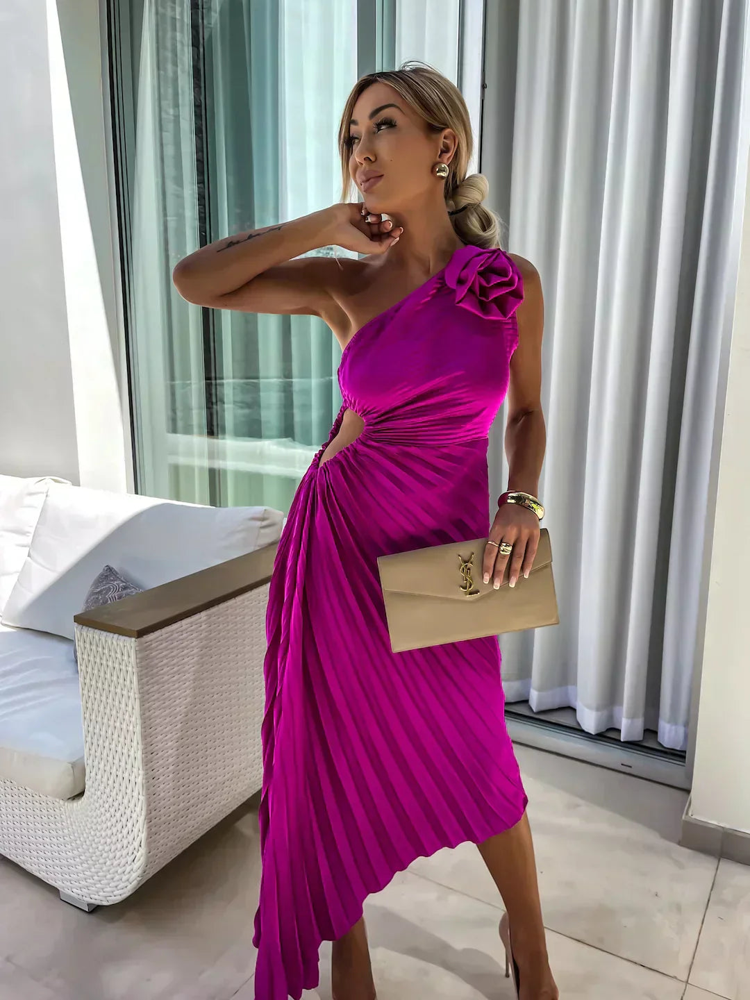 Mira Women’s Maxi Dress featuring an asymmetrical shoulder design and elegant pleated fabric, perfect for summer events and casual outings. 8