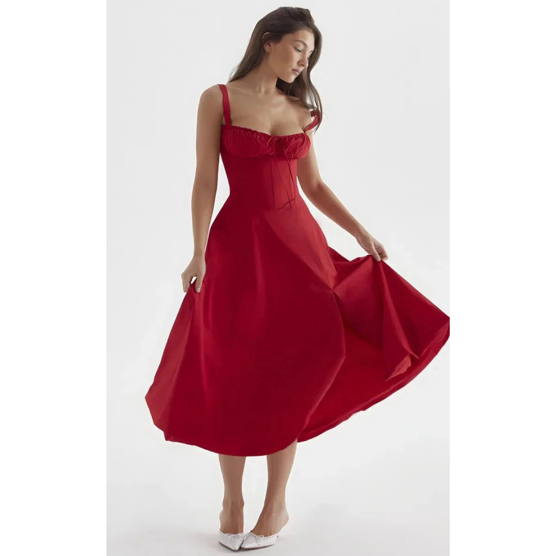 Romantyczna sukienka midi w kwiaty z gorsetową górą