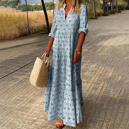 Soleil Women’s Maxi Dress featuring a vibrant boho print and elegant V-neck design, perfect for summer outings and casual occasions. 0
