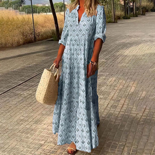 Soleil Women’s Maxi Dress featuring a vibrant boho print and elegant V-neck design, perfect for summer outings and casual occasions. 0