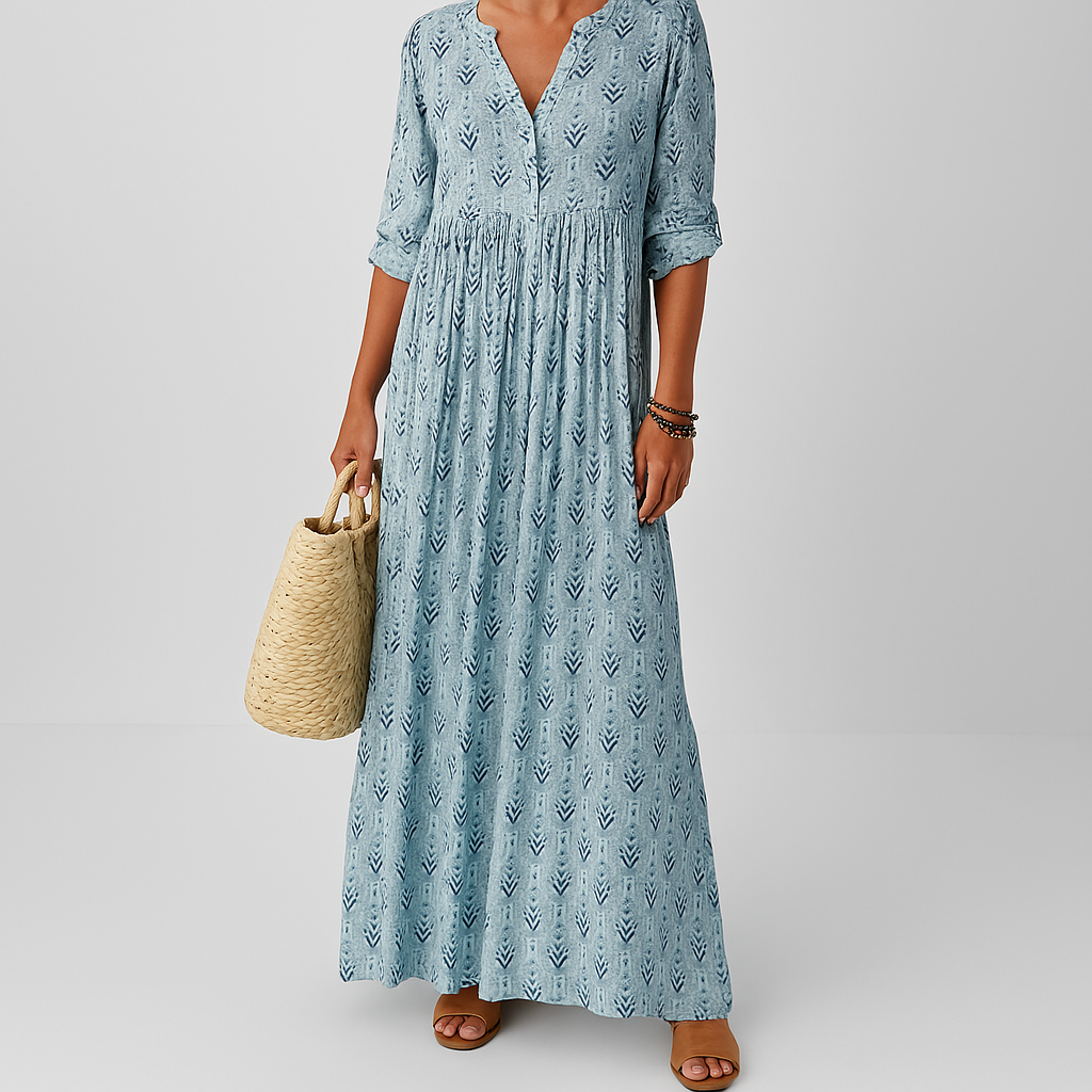 Soleil Women’s Maxi Dress featuring a vibrant boho print and elegant V-neck design, perfect for summer outings and casual occasions. 1