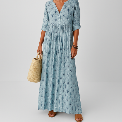 Soleil Women’s Maxi Dress featuring a vibrant boho print and elegant V-neck design, perfect for summer outings and casual occasions. 1