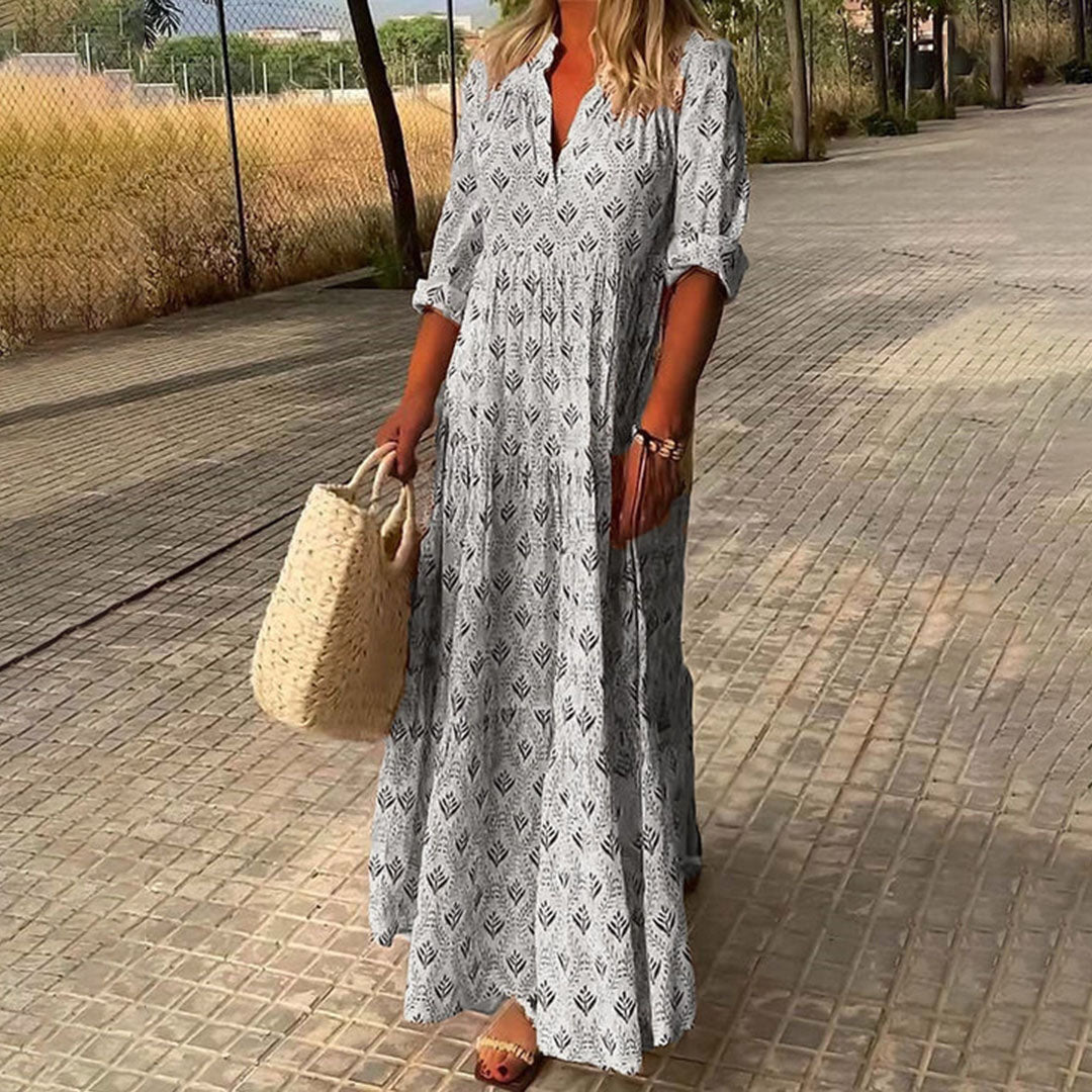Soleil Women’s Maxi Dress featuring a vibrant boho print and elegant V-neck design, perfect for summer outings and casual occasions. 2