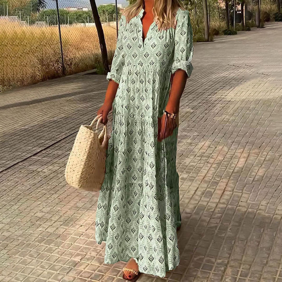 Soleil Women’s Maxi Dress featuring a vibrant boho print and elegant V-neck design, perfect for summer outings and casual occasions. 3