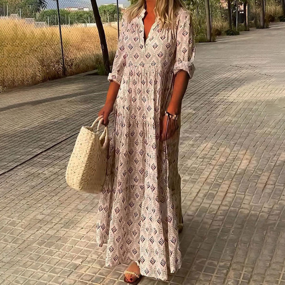 Soleil Women’s Maxi Dress featuring a vibrant boho print and elegant V-neck design, perfect for summer outings and casual occasions. 4