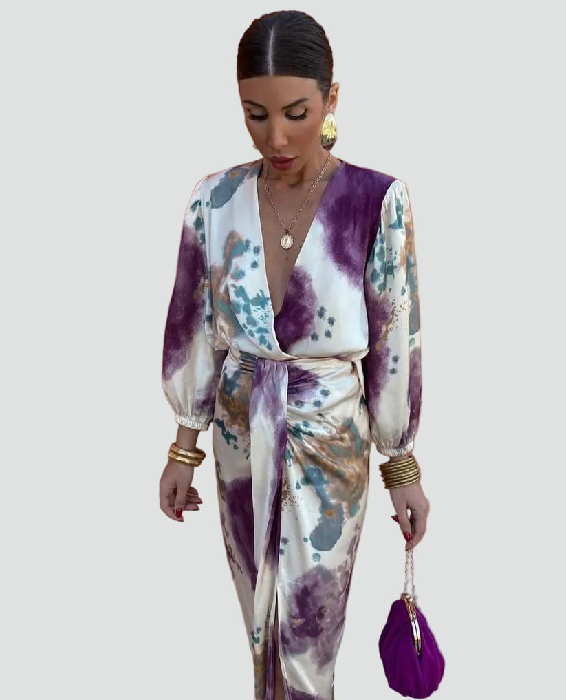 Elegancka sukienka midi z wiązaniem i modnym wzorem tie dye, idealna na letnie wyjścia i specjal 1